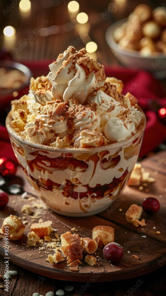 Whipped Cream Dessert with Topped with Caramel and Crumbs. Whipped Cream Dessert with Topped with Caramel and Crumbs.