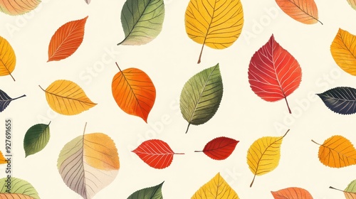 Bright and colorful seamless pattern with various autumn leaves isolated on white. Ideal for seasonal designs and fall-themed decor.