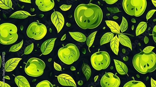 Wallpaper Mural Green apples and leaves on a wet green surface, fresh and dewy. Ideal for healthy, nature-themed, or food-related designs. Torontodigital.ca