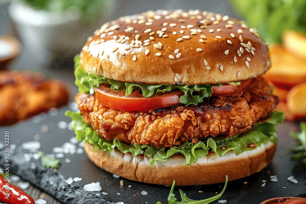A delicious crispy chicken burger with fresh lettuce and tomato. Generative AI. A delicious crispy chicken burger with fresh lettuce and tomato. Generative AI.