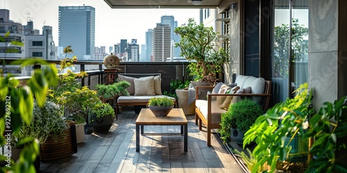 balcony, patio furniture, plants, overlooking osaka