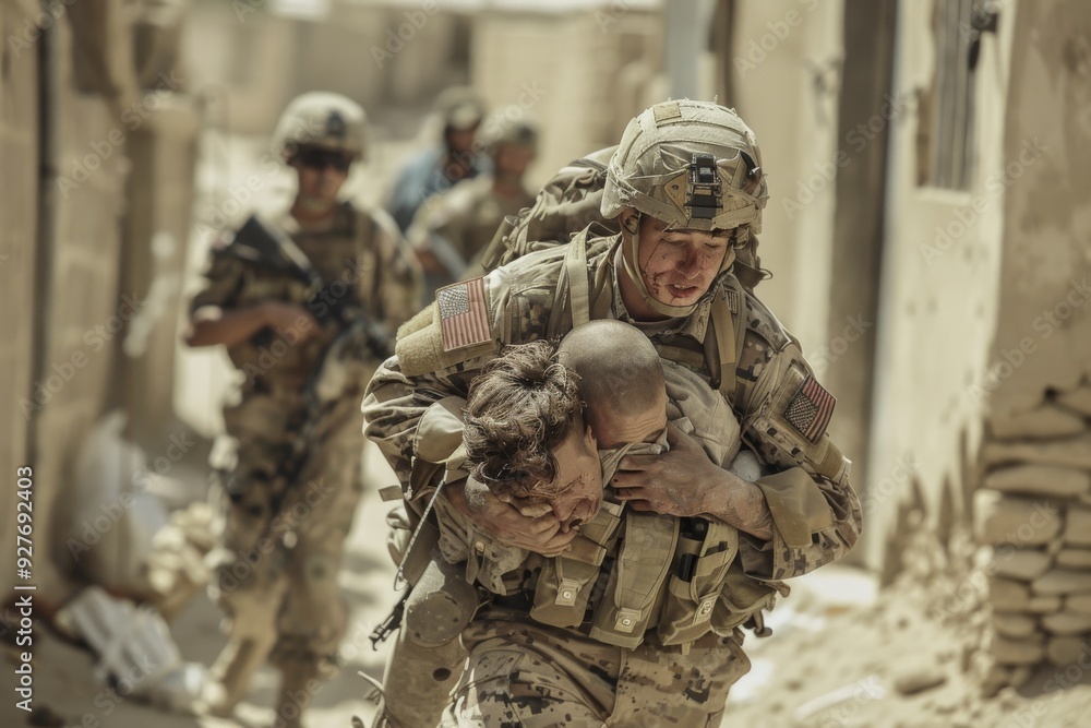 Soldiers transport a wounded comrade across a field, illustrating the dedication and resilience of military personnel in action, A soldier carrying a wounded civilian to safety, AI generated Soldiers transport a wounded comrade across a field, illustrating the dedication and resilience of military personnel in action, A soldier carrying a wounded civilian to safety, AI generated