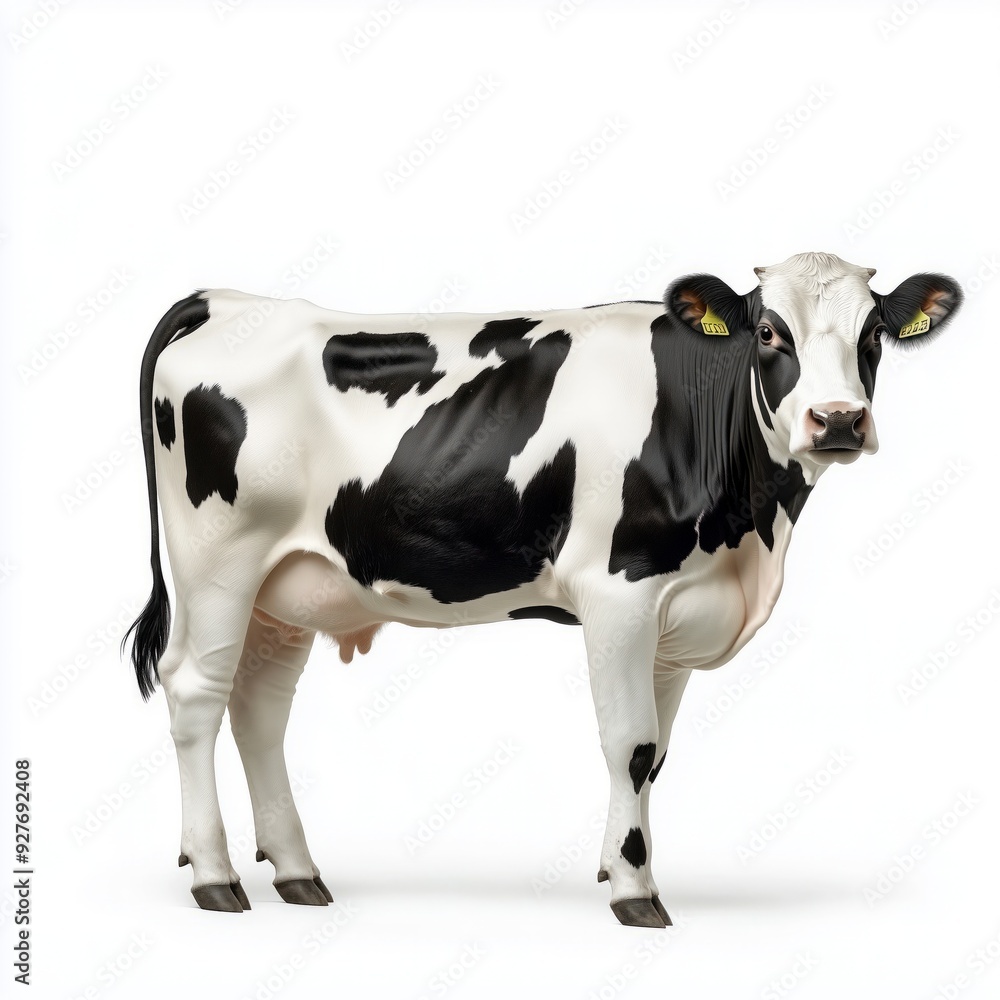 A black and white cow standing on a white background with its head turned slightly to the right. A black and white cow standing on a white background with its head turned slightly to the right.