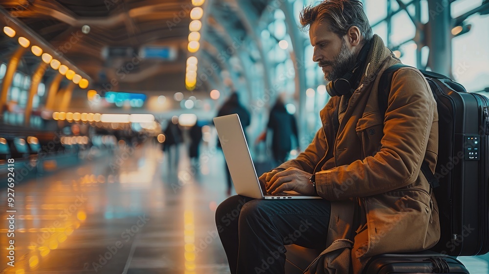 A businessman sitting on a suitcase at the airport is working on a laptop. Generative AI. A businessman sitting on a suitcase at the airport is working on a laptop. Generative AI.