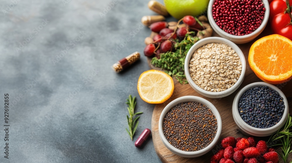 A serene kitchen with fresh fruits, whole grains, and herbal supplements, highlighting the connection between holistic diet and overall wellness A serene kitchen with fresh fruits, whole grains, and herbal supplements, highlighting the connection between holistic diet and overall wellness