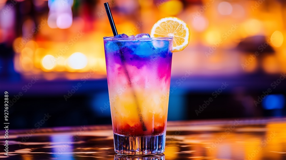 Close-up of a colorful layered cocktail with a lemon wedge on a bar counter with blurred lights. Close-up of a colorful layered cocktail with a lemon wedge on a bar counter with blurred lights.