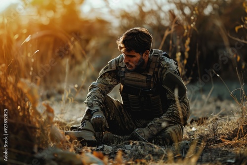 A soldier seated on the desert floor, with the expansive sandy terrain and a bright blue sky in the background, A soldier sitting alone, looking exhausted and contemplative, AI generated