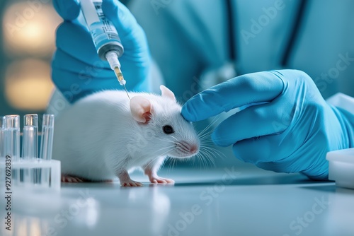 Scientist preparing to inject a white lab mouse, representing animal testing practices, close-up, blue gloves, sterile laboratory environment, focus on the mouse, selective focus

