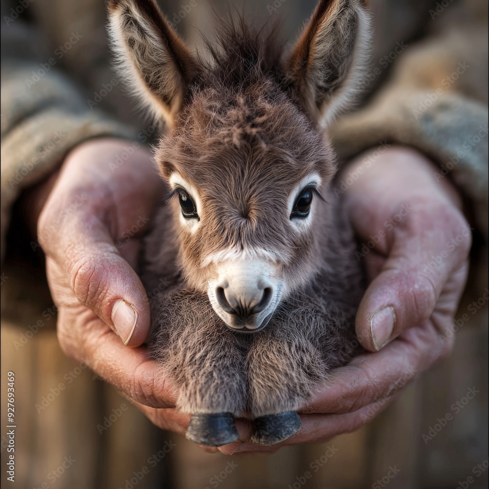 Fototapeta premium cute little baby donkey in a farmers hands