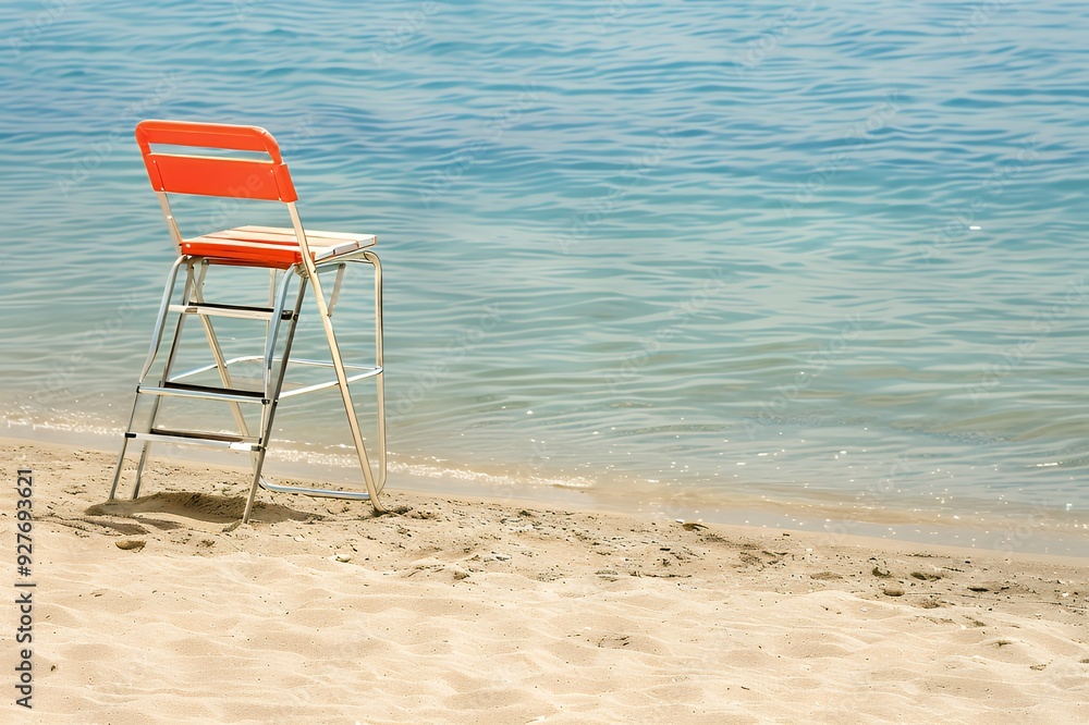 A lone, red lifeguard chair sits on a sandy beach, facing the clear blue ocean. A lone, red lifeguard chair sits on a sandy beach, facing the clear blue ocean.