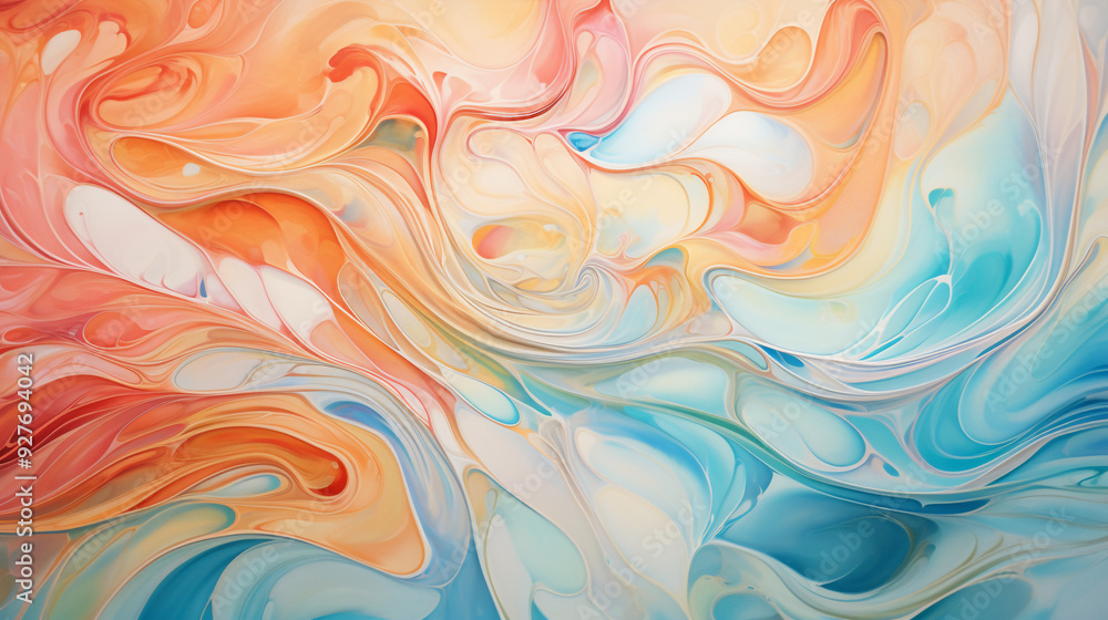 Swirling shades of orange, blue, and white paint blend together in a dreamy, abstract pattern. Concept of fluidity, art, color mixing. Swirling shades of orange, blue, and white paint blend together in a dreamy, abstract pattern. Concept of fluidity, art, color mixing.