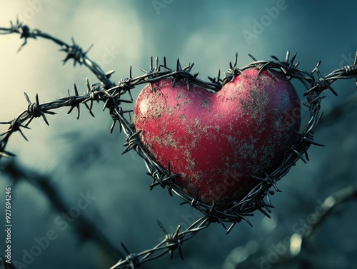 An abstract heart surrounded by barbed wire, symbolizing acute emotional pain, [pain, discomfort, acute], [heartbreak] photo