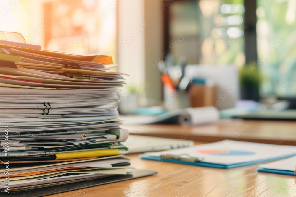A stack of papers and folders on a desk in a busy workspace. AI generated A stack of papers and folders on a desk in a busy workspace. AI generated