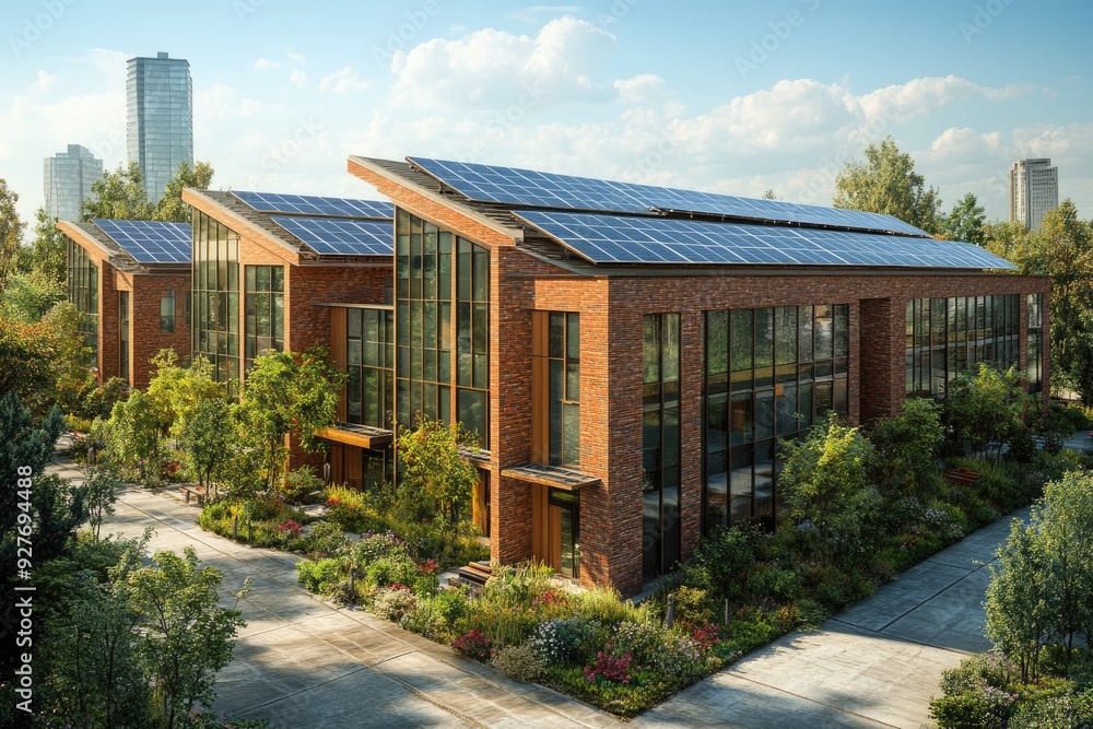 Modern Sustainable Architecture with Solar Panels and Lush Greenery Modern Sustainable Architecture with Solar Panels and Lush Greenery