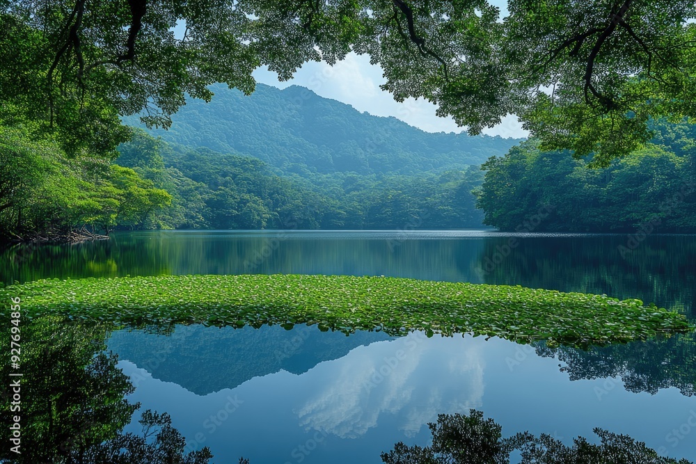 Fototapeta premium Serene Reflection on a Lush Green Lake