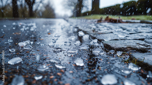 Detailed view of hailstones on the ground, with melting ice and wet pavement