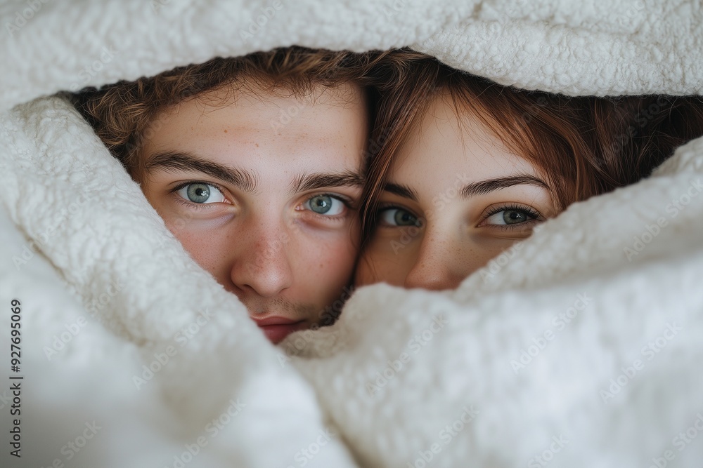 A couple sleeping and hiding under a white blanket A couple sleeping and hiding under a white blanket