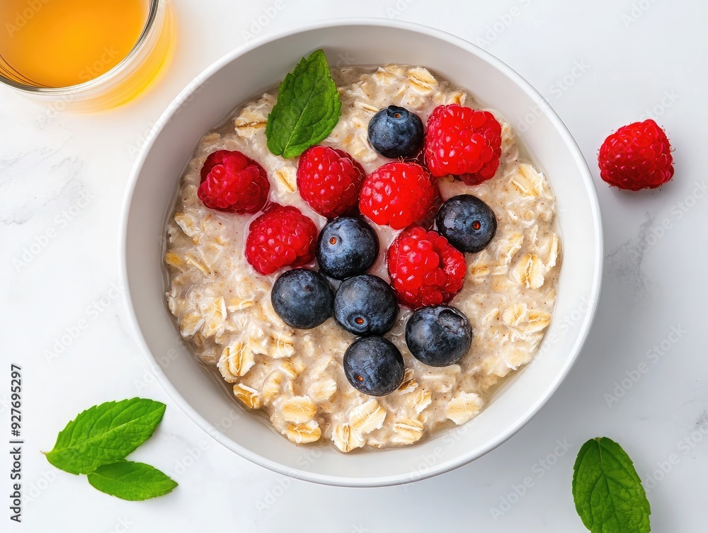 A tranquil morning scene with a bowl of oatmeal, berries, and herbal tea, representing a stress-free start to the day through nutrition. A tranquil morning scene with a bowl of oatmeal, berries, and herbal tea, representing a stress-free start to the day through nutrition.