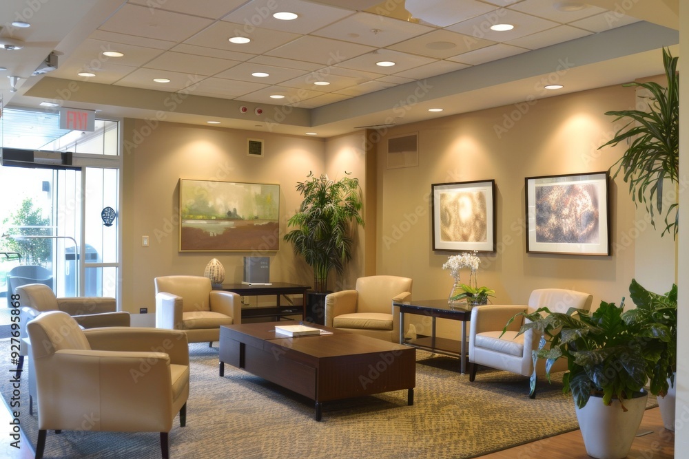 Fototapeta premium A stylish lobby in an apartment building, characterized by bold orange walls that provide a bright and energetic ambiance, A stylish office lobby with comfortable seating and artwork. AI generated