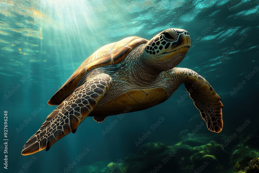 Fototapeta premium A majestic sea turtle glides gracefully through crystal-clear waters, illuminated by sunbeams, showcasing marine beauty.