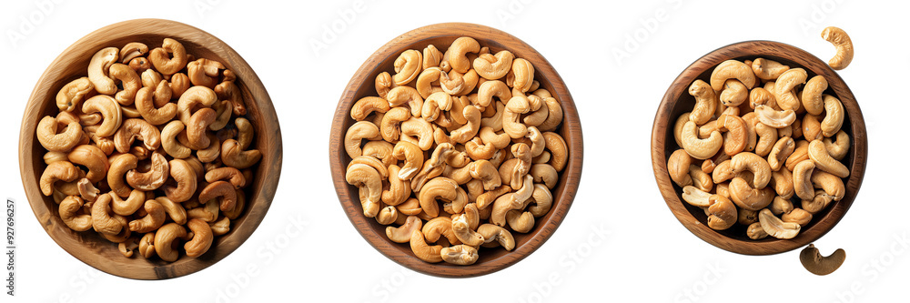Collage of rustic wooden bowl overflowing with roasted cashews, shot from a top-down perspective, emphasizing texture and abundance, isolated on a transparent background Collage of rustic wooden bowl overflowing with roasted cashews, shot from a top-down perspective, emphasizing texture and abundance, isolated on a transparent background