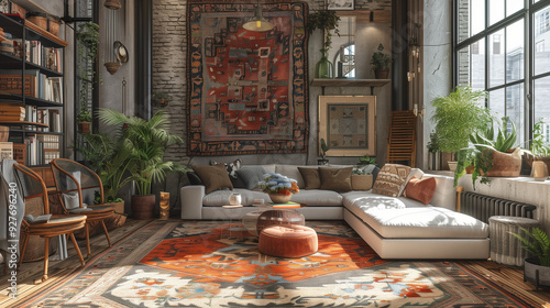 Wallpaper Mural A spacious living room featuring dark wooden floors, a patterned area rug, and a stylish leather couch with a coffee table  with decorative items. Torontodigital.ca