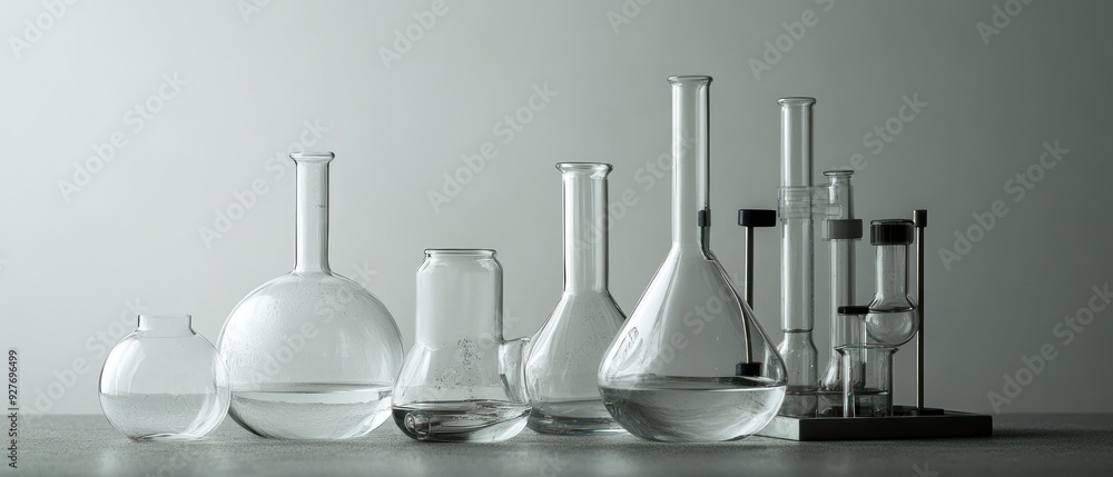 A collection of laboratory glassware filled with liquid on a countertop A collection of laboratory glassware filled with liquid on a countertop