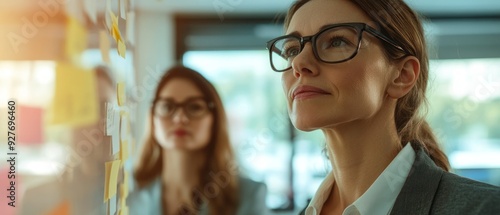 Wallpaper Mural Businesswoman looking at female colleague writing on adhesive notes in office Torontodigital.ca