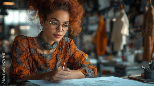 Fashion Designer Pinning Fabric on Dress Form While Consulting Sketch in a Well-Organized Studio Filled with Garments and Fashion Tools