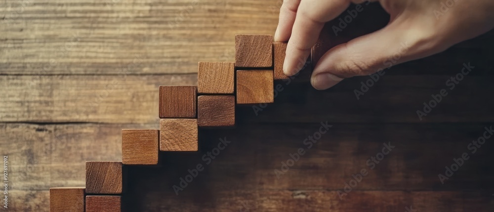 Hand Placing Wooden Block on Stacked Blocks, Building a Staircase Stock ...
