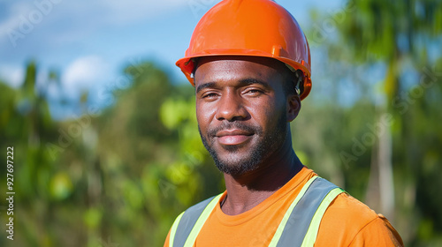 portrait of a tree feller man standing confidently, with forest in the background