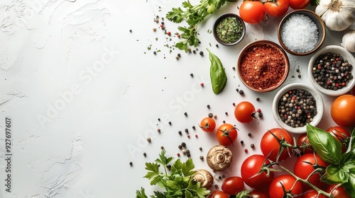 Fototapeta Naklejka Na Ścianę i Meble -  White background of cooking. Vegetables and spices on a white table. Top view. Free space for text. Generative AI.