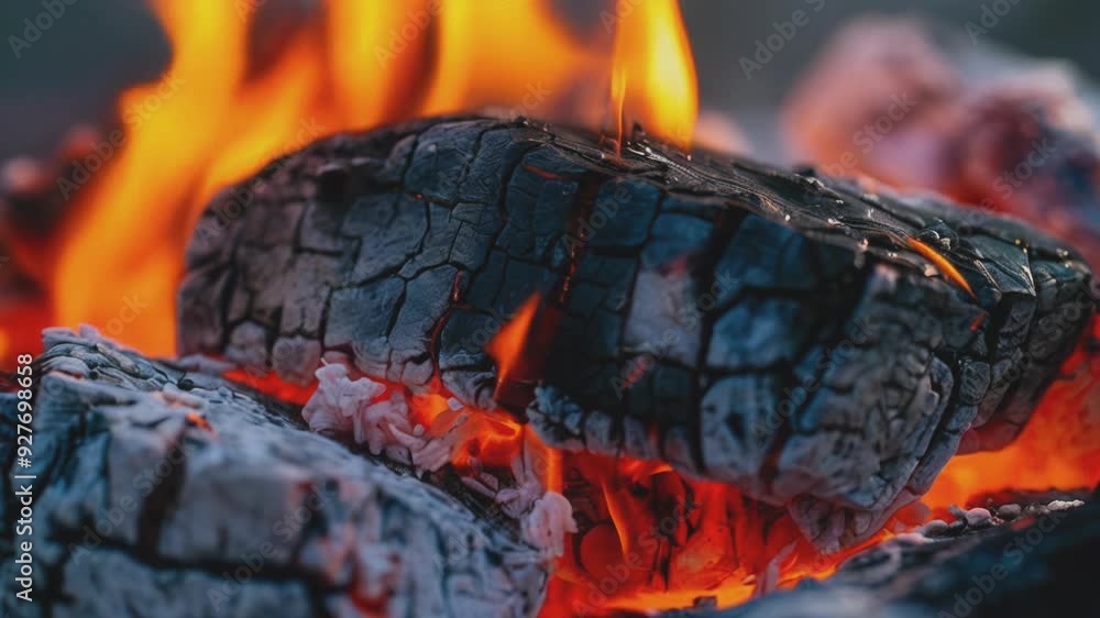 Intense flames engulfing charred logs in a fiery display of heat and combustion.