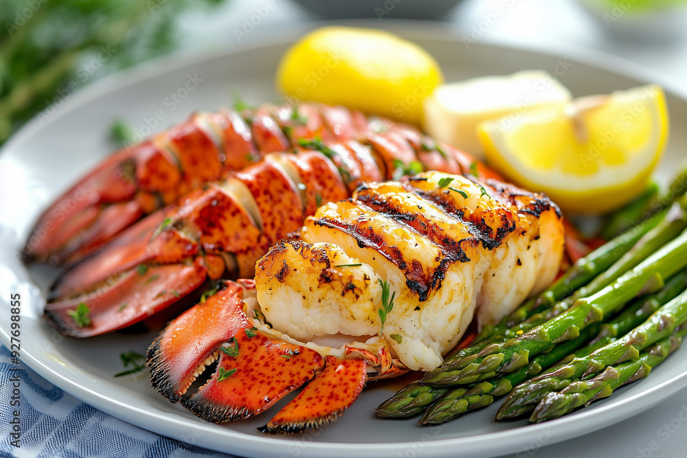 Grilled Lobster Tail with Asparagus and Lemon on a Plate Grilled Lobster Tail with Asparagus and Lemon on a Plate