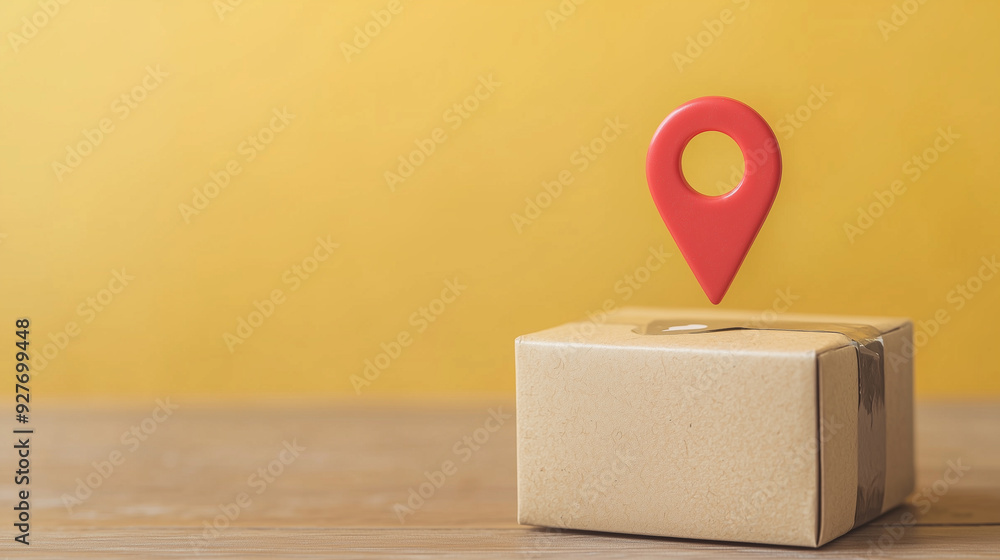 A cardboard package with a red location pin, symbolizing package delivery, tracking, and logistics in the e-commerce industry.
