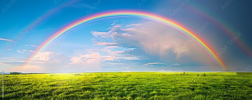 Naklejka premium Vibrant Rainbow Over Verdant Field Symbolizing New Beginnings and Hope