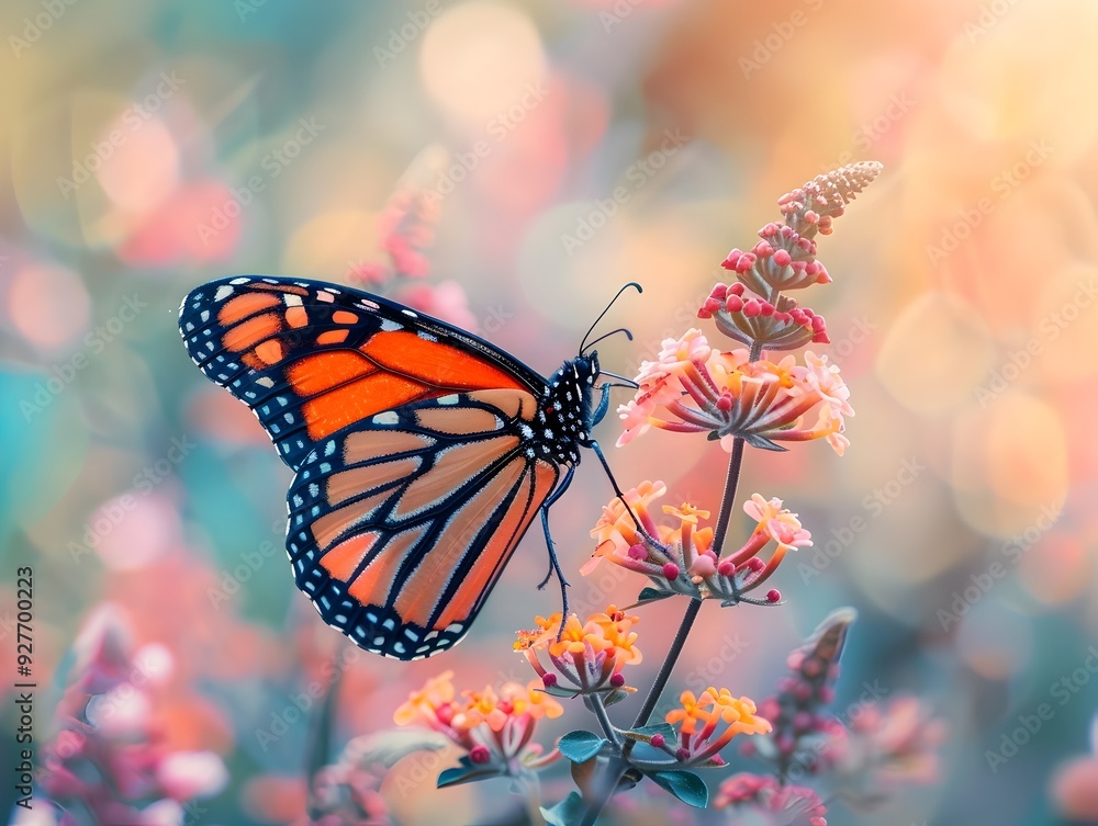 Obraz premium Stunning Monarch Butterfly Resting on Blooming Flower in Blurred Nature Background