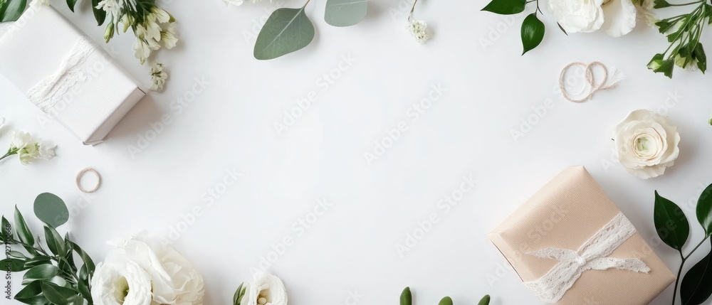 White Flowers, Green Leaves, and Gifts on a White Background White Flowers, Green Leaves, and Gifts on a White Background