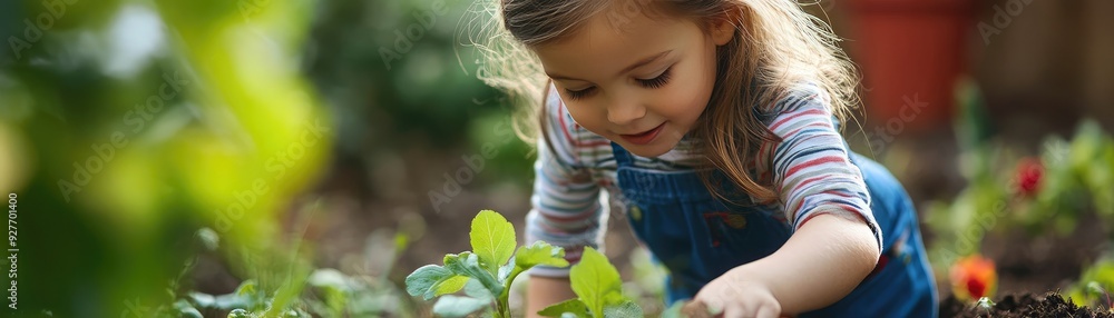 Young girl participating in a family gardening activity, child, home, participation Young girl participating in a family gardening activity, child, home, participation