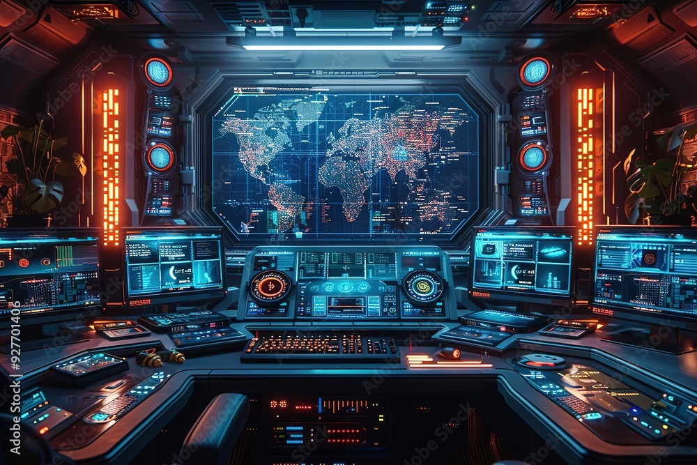 A computer room with a large monitor showing a map of the world A computer room with a large monitor showing a map of the world