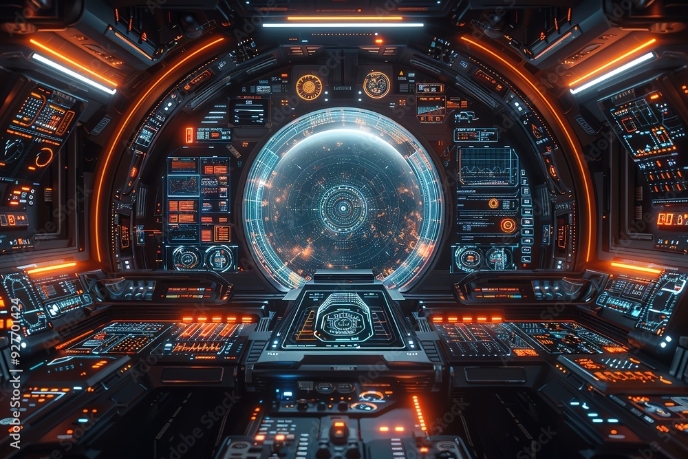 A futuristic space station with a large window in the middle A futuristic space station with a large window in the middle