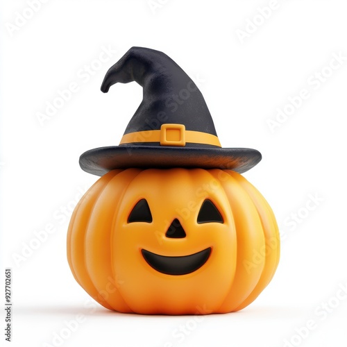 Cute pumpkin with a witch hat, playful Halloween vibe, 3D illustration, isolated on white background 