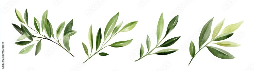 Watercolor Painting of Five Olive Branches with Green Leaves Watercolor Painting of Five Olive Branches with Green Leaves