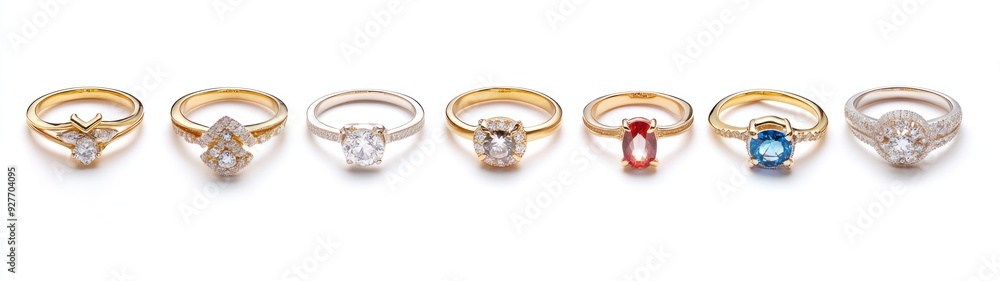 Eight Gold Rings with Gemstones and Diamonds on White Background Eight Gold Rings with Gemstones and Diamonds on White Background