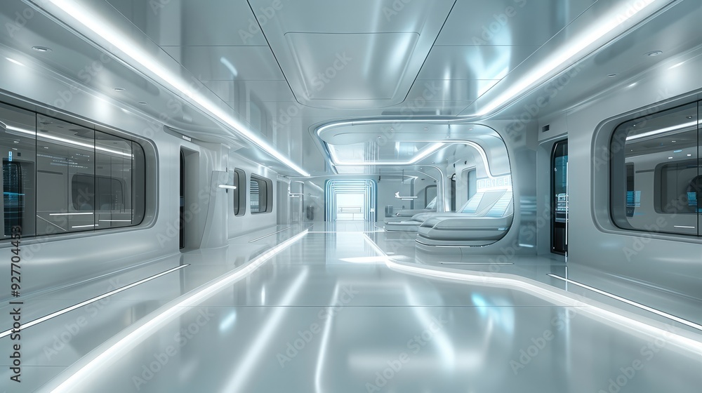 Obraz premium The future technology hospital has a double-story large space, the second floor has a large glass control room, minimalist style, future technology, and a treatment cabin in the middle. Generative AI.
