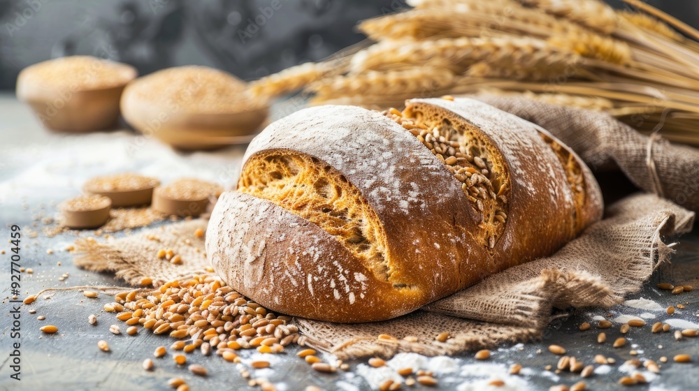 Loaf of wheat bread on rustic background for a nutritious meal Loaf of wheat bread on rustic background for a nutritious meal