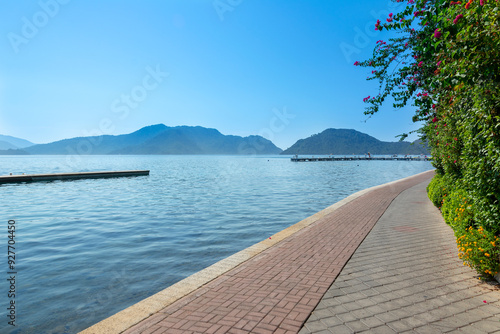 View of Marmaris harbor on Turkish Riviera. Marmaris is a port city and popular tourist resort on the Mediterranean coast in Mugla Province, Turkey.