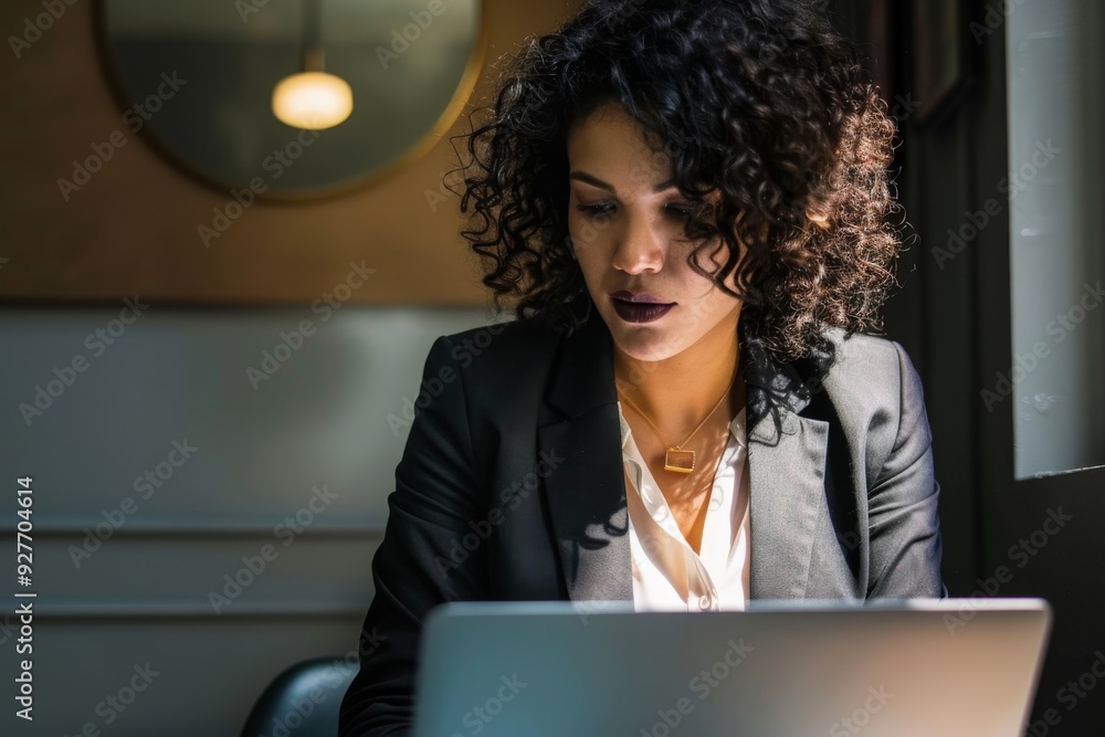 A woman in business attire looking at a laptop screen. Ai generated A woman in business attire looking at a laptop screen. Ai generated
