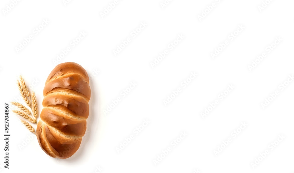 loaf of bread and ears of wheat on a white background. top view loaf of bread and ears of wheat on a white background. top view
