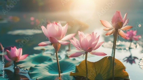 Lotus flowers shining in morning sunlight on water